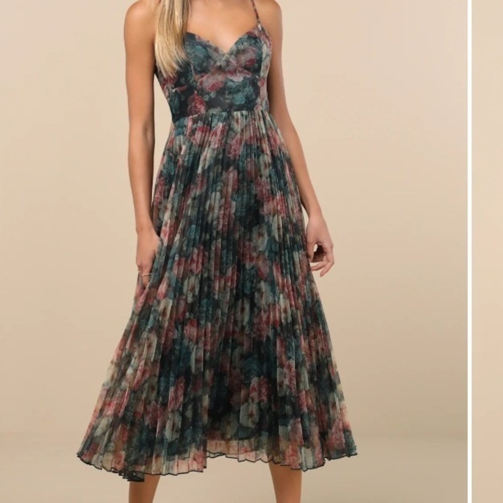 Lulu's Floral Midi Dress in Teal, Dusty Rose, and Cream